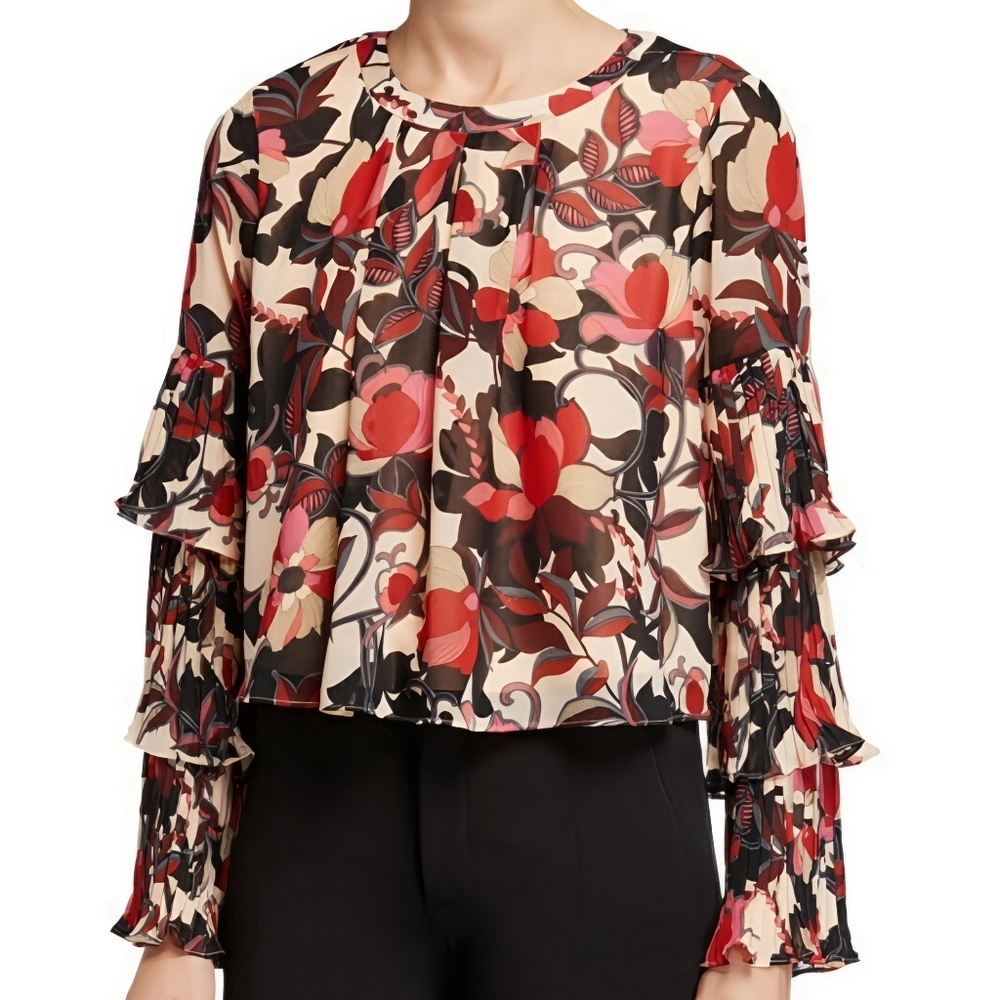 Nanette Lepore Floral Print Long-Sleeve Tiered Ruffle Blouse, Small
